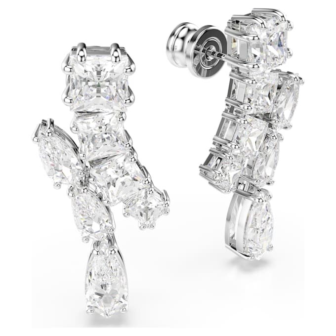 Matrix Drop Earrings Mixed Cuts, White, Rhodium Plated Matrix Drop Earrings Mixed Cuts, White, Rhodium Plated