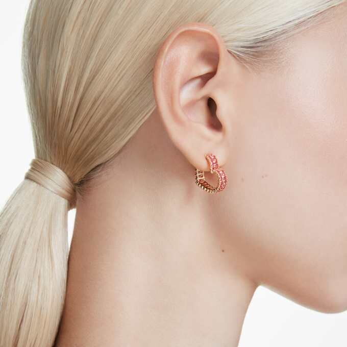 Matrix Hoop Earrings Baguette Cut, Heart, Small, Pink, Gold-Tone Plated Matrix Hoop Earrings Baguette Cut, Heart, Small, Pink, Gold-Tone Plated