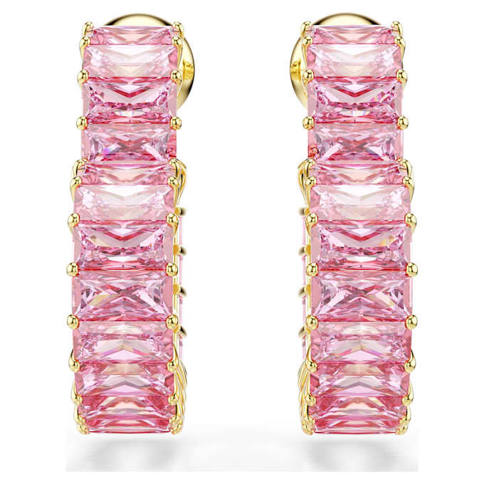 Matrix Hoop Earrings Baguette Cut, Heart, Small, Pink, Gold-Tone Plated Matrix Hoop Earrings Baguette Cut, Heart, Small, Pink, Gold-Tone Plated