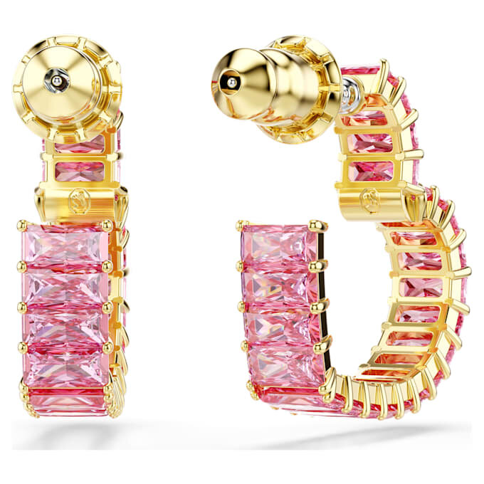 Matrix Hoop Earrings Baguette Cut, Heart, Small, Pink, Gold-Tone Plated Matrix Hoop Earrings Baguette Cut, Heart, Small, Pink, Gold-Tone Plated