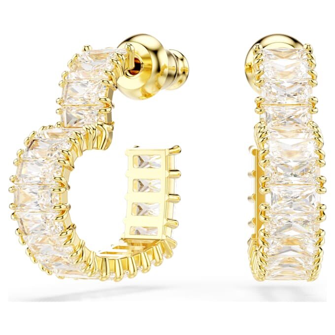 Matrix Hoop Earrings Baguette Cut, Heart, Small, White, Gold-Tone Plated Matrix Hoop Earrings Baguette Cut, Heart, Small, White, Gold-Tone Plated