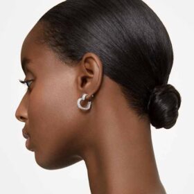 Matrix Hoop Earrings Baguette Cut, Heart, Small, White, Rhodium Plated