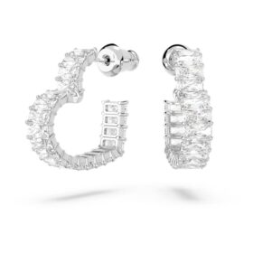 Matrix Hoop Earrings Baguette Cut, Heart, Small, White, Rhodium Plated