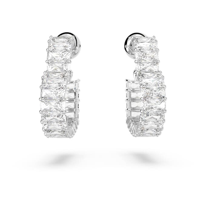 Matrix Hoop Earrings Baguette Cut, Heart, Small, White, Rhodium Plated Matrix Hoop Earrings Baguette Cut, Heart, Small, White, Rhodium Plated