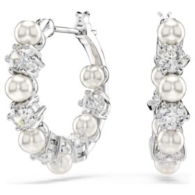 Matrix Hoop Earrings Crystal Pearl, Round Cut, White, Rhodium Plated
