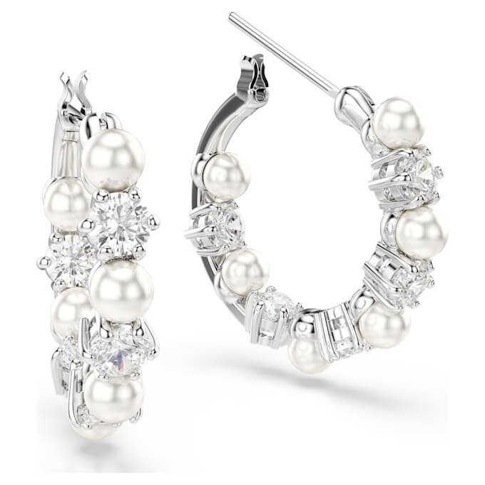 Matrix Hoop Earrings Crystal Pearl, Round Cut, White, Rhodium Plated Matrix Hoop Earrings Crystal Pearl, Round Cut, White, Rhodium Plated