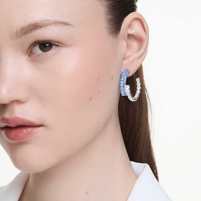 Matrix Hoop Earrings Mixed Cuts, Blue, Rhodium Plated Matrix Hoop Earrings Mixed Cuts, Blue, Rhodium Plated