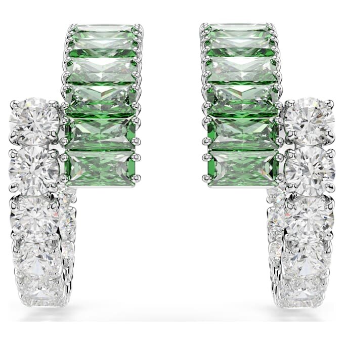 Matrix Hoop Earrings Mixed Cuts, Green, Rhodium Plated Matrix Hoop Earrings Mixed Cuts, Green, Rhodium Plated