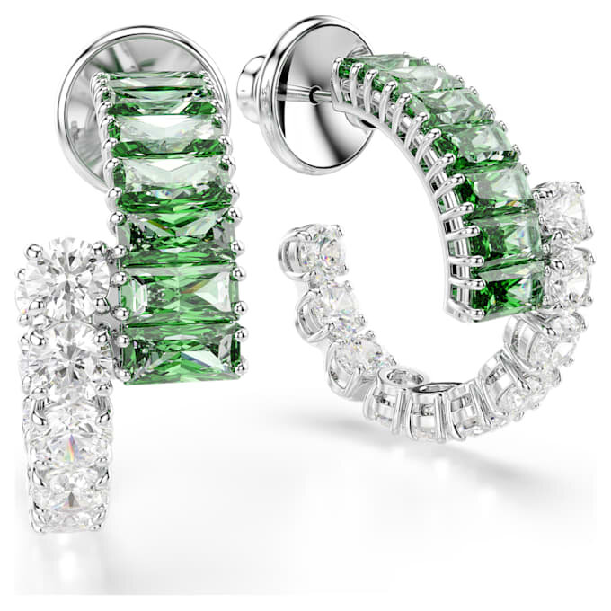 Matrix Hoop Earrings Mixed Cuts, Green, Rhodium Plated Matrix Hoop Earrings Mixed Cuts, Green, Rhodium Plated