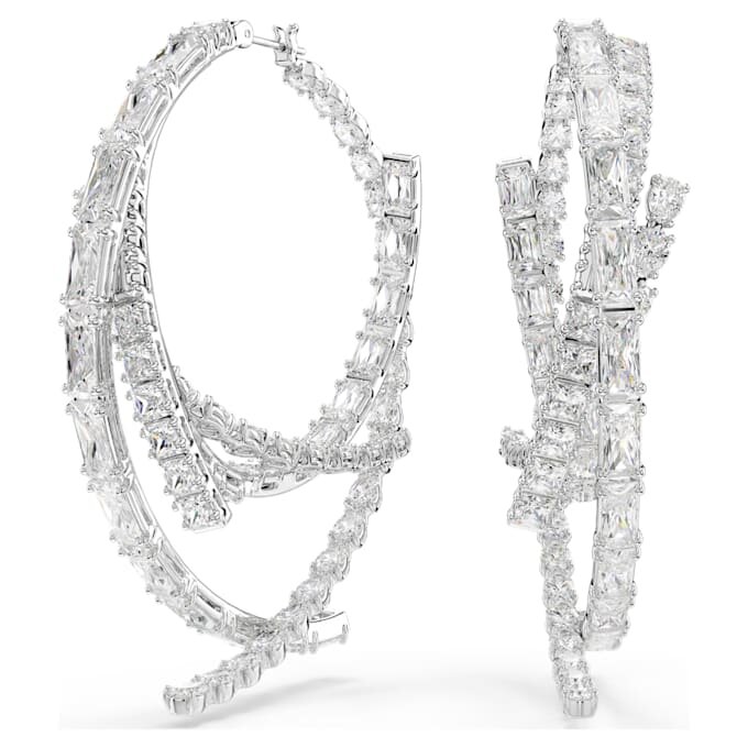 Matrix Hoop Earrings Mixed Cuts, White, Rhodium Plated Matrix Hoop Earrings Mixed Cuts, White, Rhodium Plated