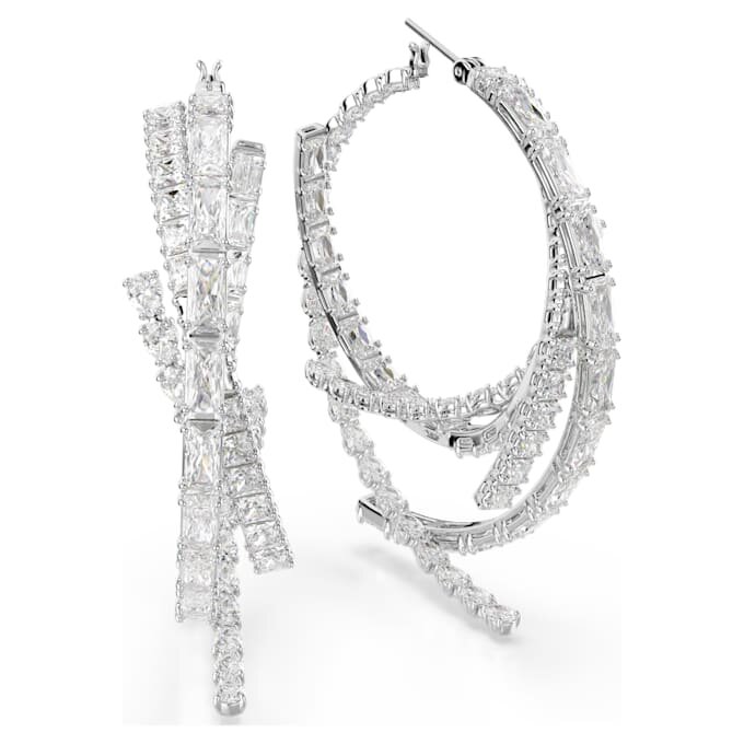 Matrix Hoop Earrings Mixed Cuts, White, Rhodium Plated Matrix Hoop Earrings Mixed Cuts, White, Rhodium Plated