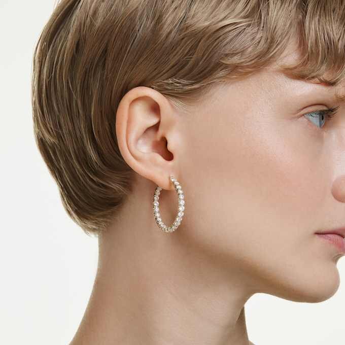 Matrix Hoop Earrings Round Cut, White, Gold-Tone Plated Matrix Hoop Earrings Round Cut, White, Gold-Tone Plated