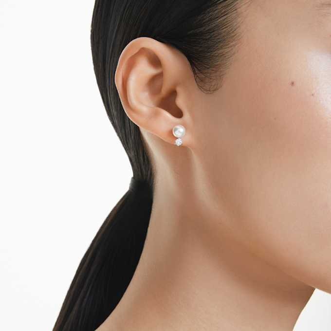 Matrix Stud Earrings Crystal Pearl, Round Cut, White, Rhodium Plated Matrix Stud Earrings Crystal Pearl, Round Cut, White, Rhodium Plated