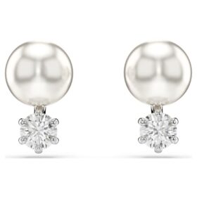 Matrix Stud Earrings Crystal Pearl, Round Cut, White, Rhodium Plated