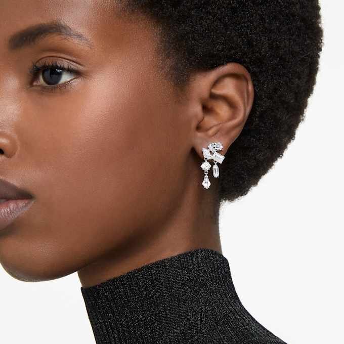 Mesmera Drop Earrings Mixed Cuts, White, Rhodium Plated Mesmera Drop Earrings Mixed Cuts, White, Rhodium Plated