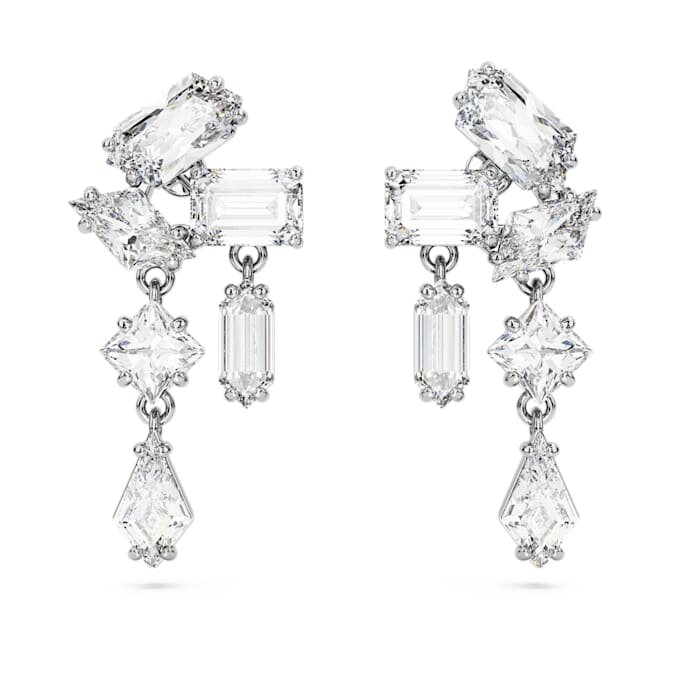 Mesmera Drop Earrings Mixed Cuts, White, Rhodium Plated Mesmera Drop Earrings Mixed Cuts, White, Rhodium Plated
