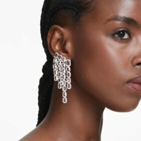 Millenia Clip Earrings Octagon Cut, Chandelier, White, Rhodium Plated