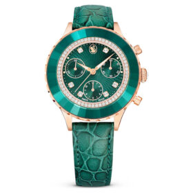 Octea Chrono Watch Swiss Made, Leather Strap, Green, Rose Gold-Tone Finish