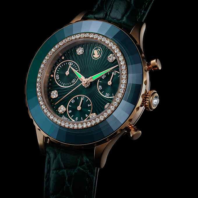 Octea Chrono Watch Swiss Made, Leather Strap, Green, Rose Gold-Tone Finish Octea Chrono Watch Swiss Made, Leather Strap, Green, Rose Gold-Tone Finish