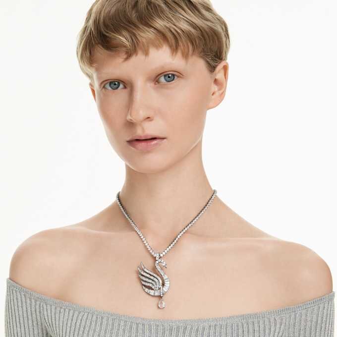 Swan Pendant and Brooch Swan, White, Ruthenium Plated Swan Pendant and Brooch Swan, White, Ruthenium Plated