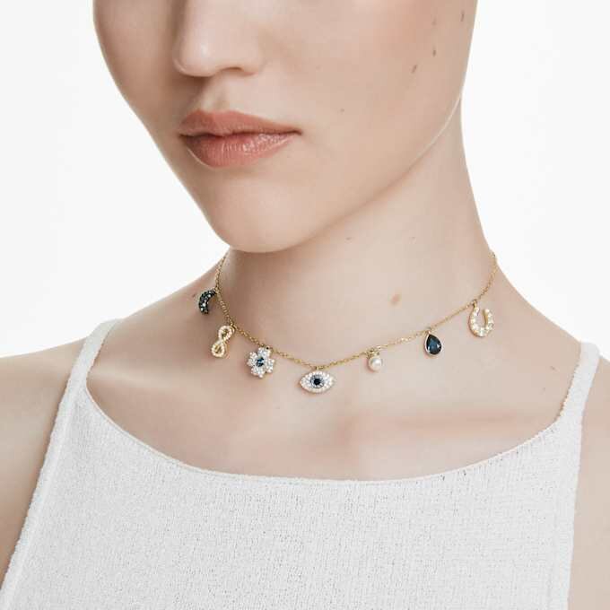 Symbolica Choker Crystal Pearl, Moon, Infinity, Clover, Evil Eye and Horseshoe, Blue, Gold-Tone Plated Symbolica Choker Crystal Pearl, Moon, Infinity, Clover, Evil Eye and Horseshoe, Blue, Gold-Tone Plated