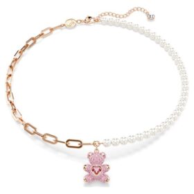 Teddy Pendant Crystal Pearl, Bear, Pink, Rose Gold-Tone Plated