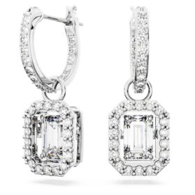 Una Drop Earrings Octagon Cut, White, Rhodium Plated